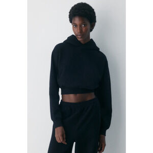 TNA Cozy Sweatfleece Perfect Crop Hoodie XS Black Kanga Pocket Travel Loungewear